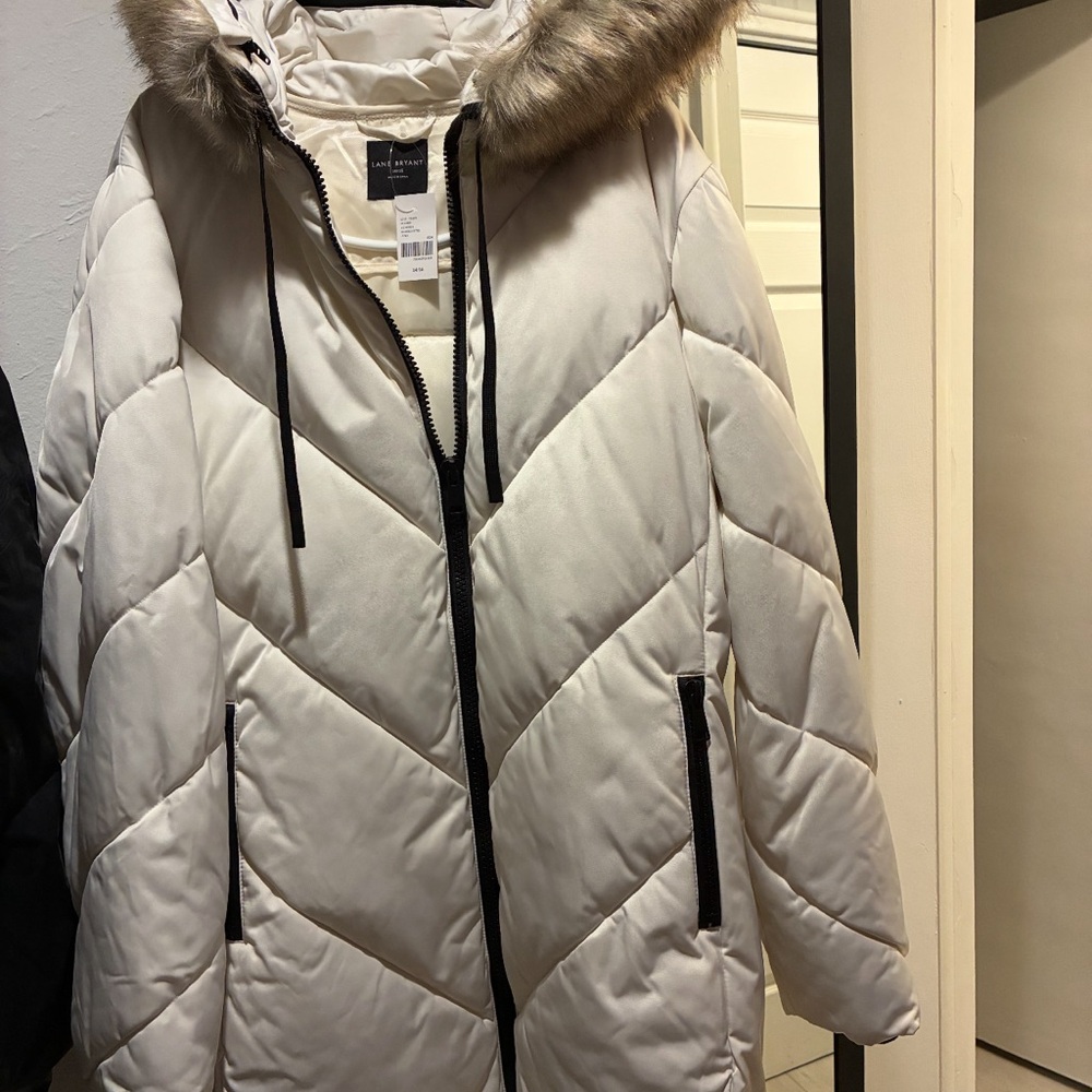Lane Bryant Cream Puffer Jacket with Faux Fur Hood